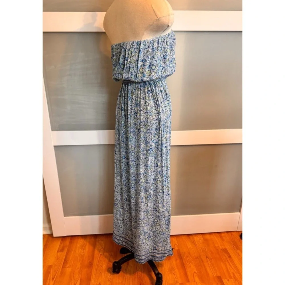 Poupette St Barth Mara Strapless Maxi Dress Blue Floral Print Small resort wear